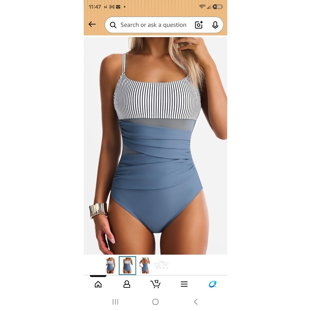 One Piece Swimsuit for Women Tummy Control Mesh Medium Blue and White Stripes
